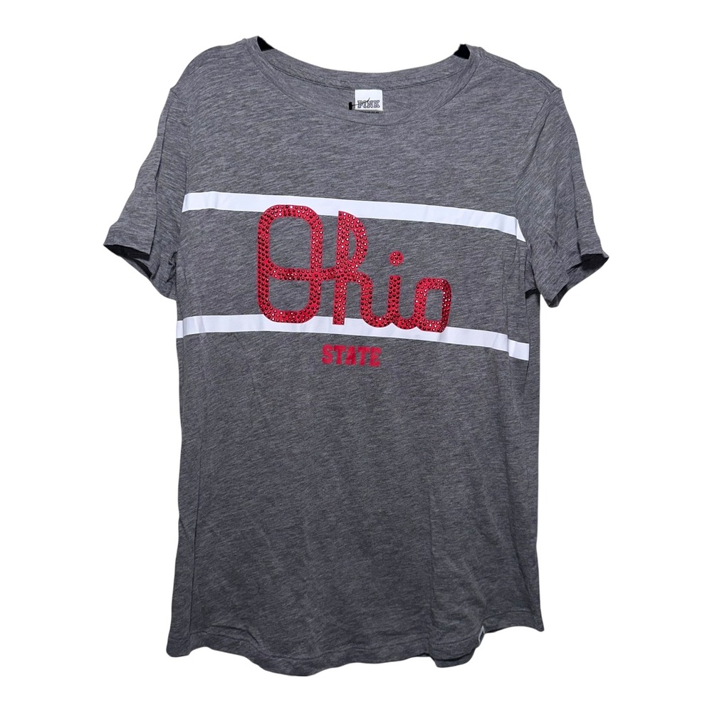 PINK Ohio State University Sparkly Script Ohio Scarlet & Gray Women's Medium Tee
